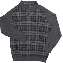   ESPIONAGE Long Sleeve Woven Polo with Patterned Front GRAPHITE 3 - 6XL