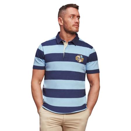 SALE - RAGING BULL - Short Sleeve Hooped Rugby Shirt  BLUE/NAVY 3 - 6XL