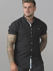 SALE - D555  Short Sleeve Oxford Collarless Shirt BLACK 3 - 4XL