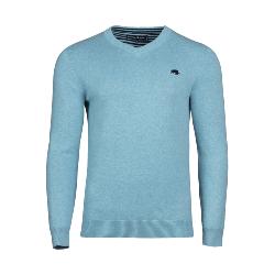   RAGING BULL KNITWEAR - Cotton Cashmere Vee Neck Sweater SEA BLUE 3 - 6XL